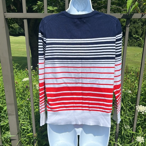 Patriotic Charter Club Red White & Blue Striped Cardigan Sweater Size Medium - Picture 4 of 6